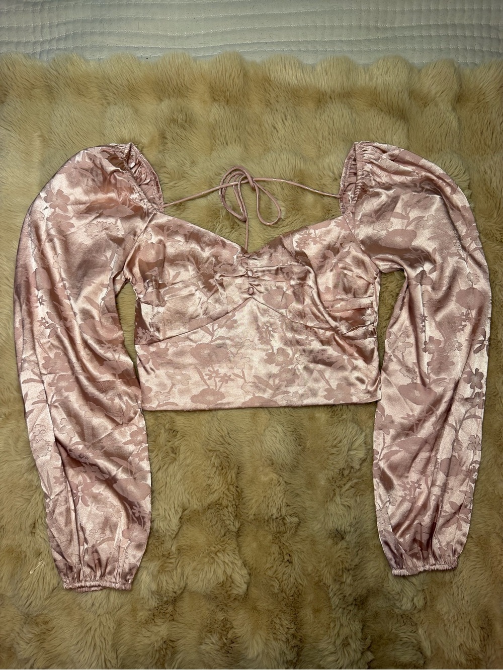 Ice Pink Satin Floral Cropped Puff-Sleeve Top